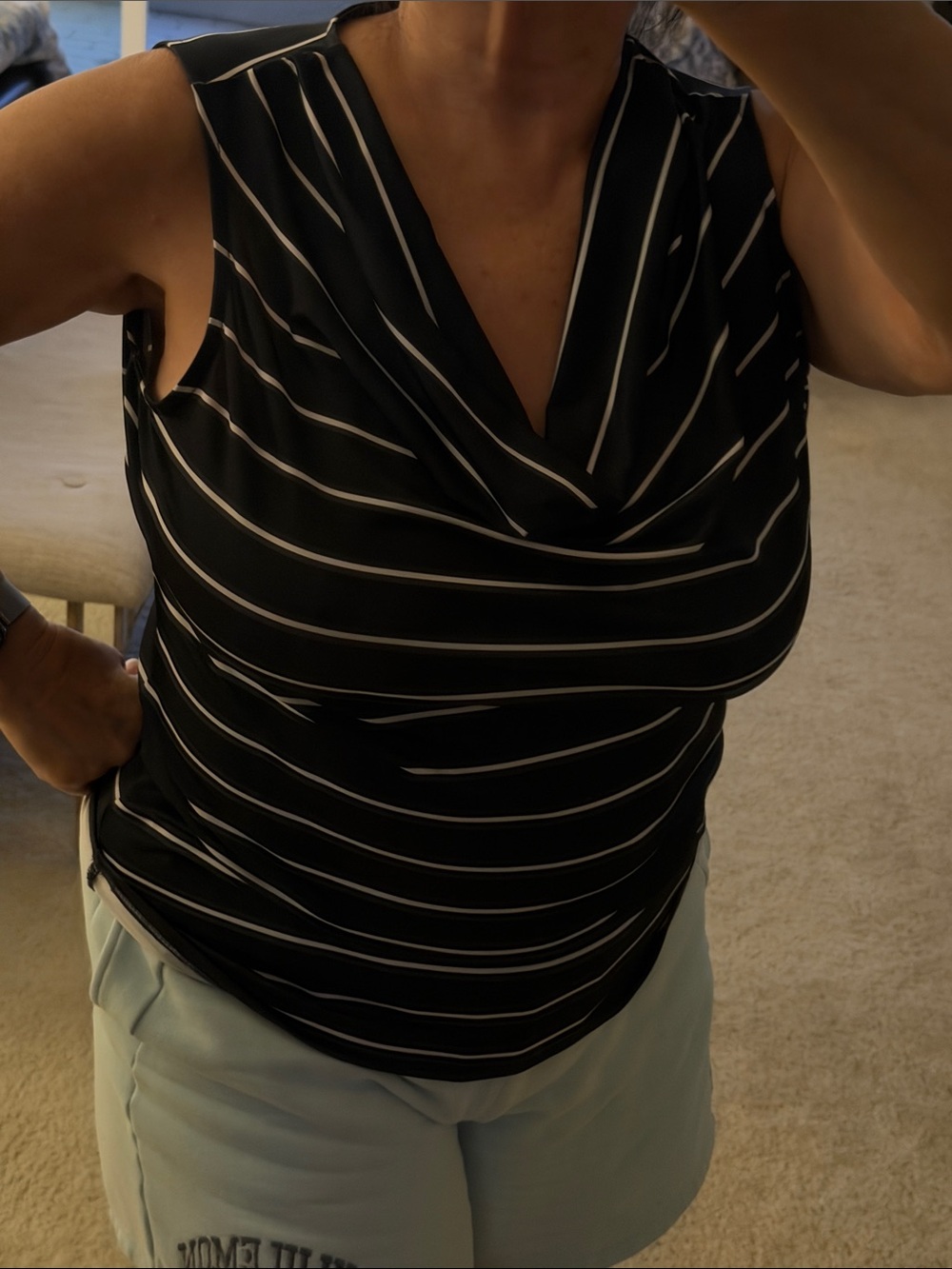 Larry Levine Black and White Striped Sleeveless Drape Neck Top